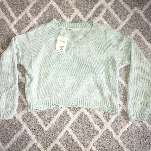 Miracle Women's Mint Green V neck Distressed Hem Knit Long Sleeve Crop Sweater - Picture 4 of 8